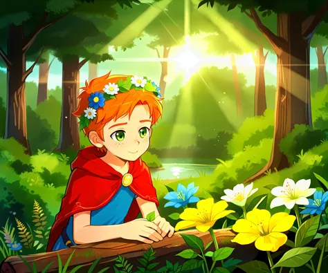 score_9, masterpiece, best quality,amazing quality, best aesthetic, absurdres, realistic, BREAK 1 boy, solo, male child, (finn), ginger hair, green eyes, (freckles:0.7), druid garb, moss covered log, content, in a forest, flower crown, flowers, outdoors, plants, leaves, dark theme, god rays, dynamic lighting, cocolo,<lora:Shounen_Chocolo_Style:0.7>, <lora:FinnXL:0.8>,