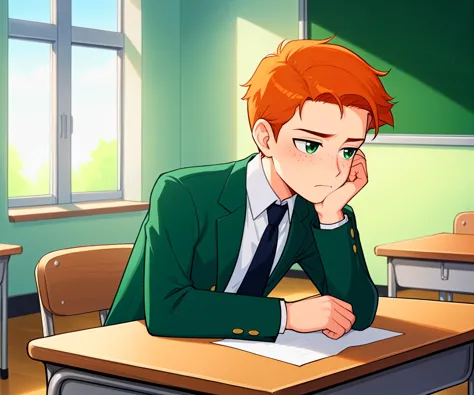 score_9, source_anime, masterpiece, best quality,amazing quality, best aesthetic, absurdres, BREAK , finn, green eyes, freckles, ginger hair, sitting behind desk, classroom, bored, resting chin on hand, looking out window, school uniform, green blazer, white shirt, tie, <lora:FinnXLP2-000003:0.8>