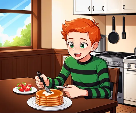 cartoon boy eating pancakes in a kitchen with a fork and knife