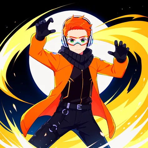 score_9, source_anime, rating_safe BREAK 1boy, solo, finn,  <lora:FinnXLP2:0.75>, green eyes, ginger hair, nose freckles, dark theme, black background, orange jacket, black undershirt, orange trim, headphones, ski goggles, black scarf, black pants, black gloves, action pose,