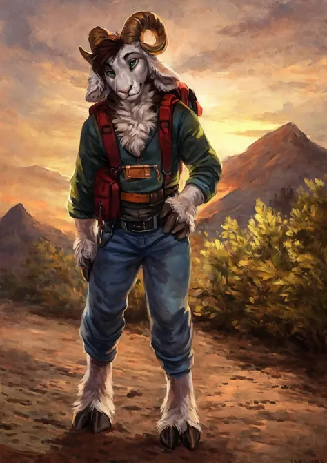 male, solo, anthro, mammal, (goat, caprine, caprine horn, 2 horns, :1.2), horizontal pupils,  cloven hooves,
fully clothed, bottomwear, topwear, pants, jacket, (adventurer:1.1), hand on hip, (backpack:1.2), 
fur, fluffy, tuft, chest tuft, long hair, brown hair, neck tuft, inner ear fluff, digitigrade,
standing, front view, looking at viewer,
BREAK
(detailed background:1.2), outside, rock, sunbeams, snowy peaks, (colorful sunrise, village:1.3),
(by kenket:1.1), by oouna, (by darkgem, by miosha:1.1), by sabretoothed ermine,