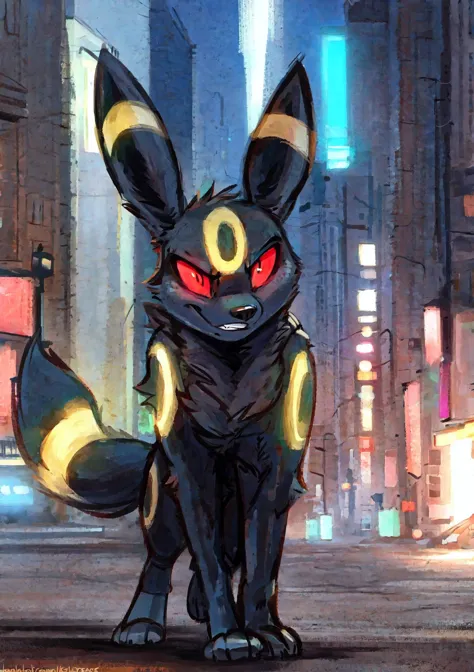 solo, male, (feral, quadruped, umbreon, glowing eyes, glowing markings, :1.2) canid,
fur, tuft, neck tuft, chest tuft, fluffy, fluffy ears, inner ear fluff, fluffy tail, hindpaw,
smirk, standing,
detailed background, outside, cyberpunk city streets, (shadow, backlighting, night),
by darkgem,by kenket,
by tsampikos,by vhkansfweer,by letodoesart