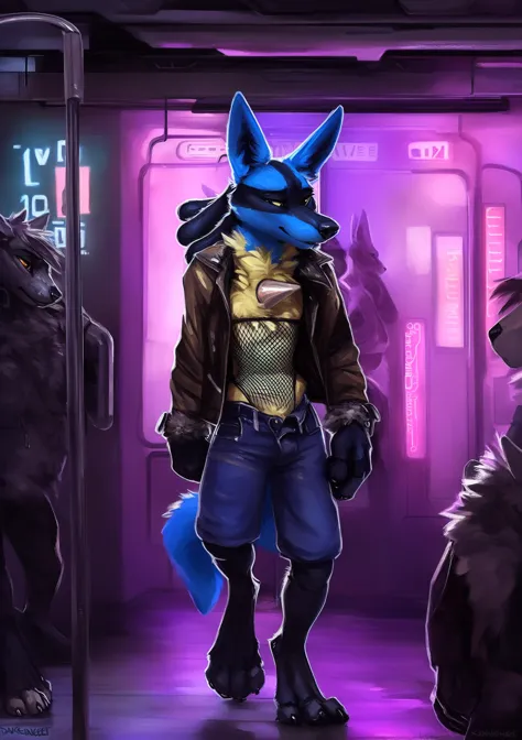 solo, male, anthro, ( lucario,pokemon \(species\)), canid,
fur, tuft, neck tuft, chest tuft, fluffy, fluffy ears, inner ear fluff, fluffy tail, hindpaw,
(fully clothed, cyperpunk jacket, bottomwear, skimpy, fishnet clothing, :1.2)
smirk, standing, nsfw,
(detailed background, inside, crowded cyberpunk subway, :1.3), ( backlighting, neon lights, street lamp, smog, smoke, haze, ),
by virtyalfobo, by kenket, by darkgem,