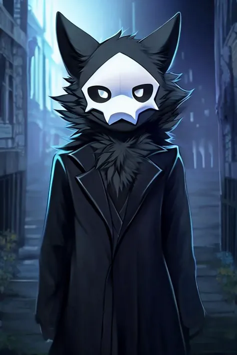 by angiewolf, (((puro \(changed\)))), ((solo)), anthro, male, black body, black fur, monotone fur, monotone body, white mask, black sclera, white eyes, glistening body, wolf ears, fluffy tail, snout, looking at viewer, fluffy fur, chest tuft, fluffy, crotch tuft, BREAK, (black leather trenchcoat:1.3), ((thin, slim, girly, femboy)), portrait, detailed background, outside, BREAK, (bloodborne:1.4), night, gloomy, bleak ambiance, victorian village, victorian architecture, victorian setting