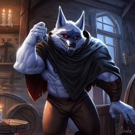 <lora:DeathFRL22nO:1> three-quarter portrait, tavern, night, candle,  detailed background, detailed fur,  solo, male, anthro, death \(puss in boots\), cape, pants, standing, spread arms, muscular, looking at viewer, evil grin, teeth, 5 fingers,