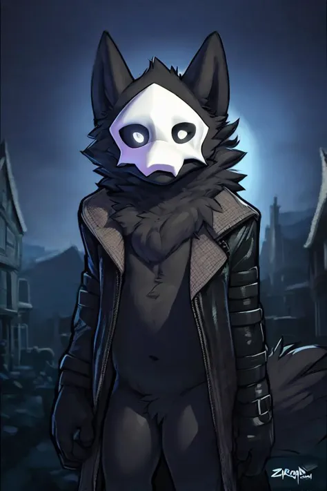 by braeburned, by snowskau, by darkgem, by kaynine, by taran fiddler, by zackary911, (((puro \(changed\)))), ((solo)), anthro, male, black body, black fur, monotone fur, monotone body, white mask, black sclera, white eyes, glistening body, wolf ears, fluffy tail, snout, looking at viewer, fluffy fur, chest tuft, fluffy, crotch tuft, BREAK, (black leather jacket:1.3), wearing a (fedora:1.3) on his head, ((thin, slim, girly, femboy)), portrait, detailed background, outside, BREAK, (bloodborne:1.4), night, gloomy, victorian village, victorian architecture, victorian setting