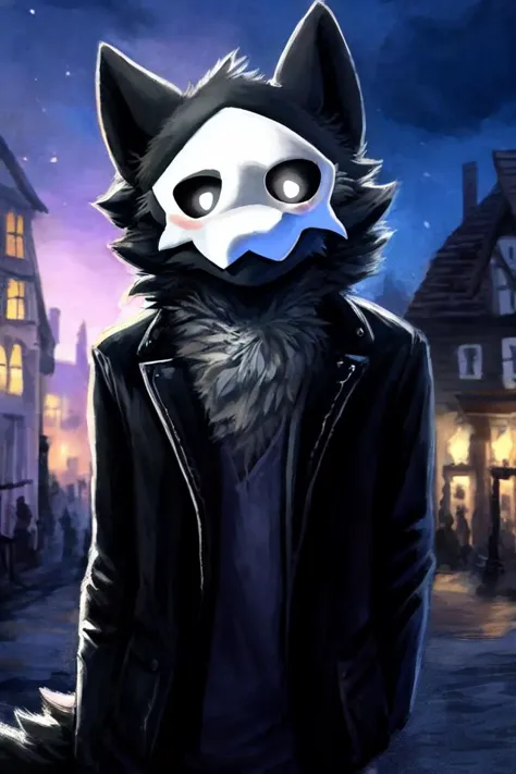 a close up of a person wearing a mask and a jacket