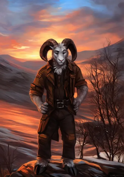 male, solo, anthro, mammal, goat, caprine, (caprine horn), horizontal pupils,  cloven hooves,
fully clothed, bottomwear, topwear, pants, jacket, (adventurer), hand on hip,
fur, fluffy, tuft, chest tuft, long hair, neck tuft, inner ear fluff, digitigrade,
standing, front view, looking at viewer,
(detailed background), outside, rock, sunbeam, snowy peaks, sunrise, (village:1.3),
by kenket, by darkgem, by miosha,
fully clothed, bottomwear, topwear, pants, jacket, (adventurer), hand on hip,
fur, fluffy, tuft, chest tuft, long hair, neck tuft, inner ear fluff, digitigrade,
standing, front view, looking at viewer,
(detailed background), outside, rock, sunbeam, snowy peaks, sunrise, (village:1.3),
by kenket, by darkgem, by miosha,