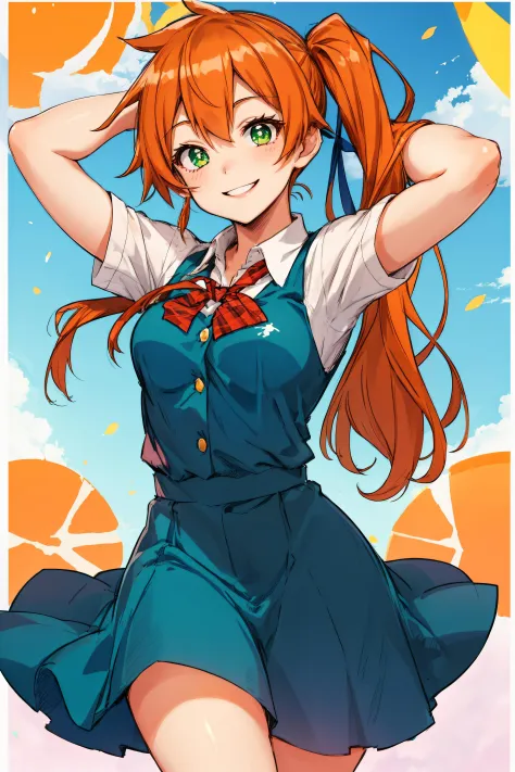 kendou itsuka,  long hair, side ponytail, 1girl, green eyes, smile, orange hair, blue dress, looking at viewer, s kagami kusakabe, school uniform, looking at viewer, smile