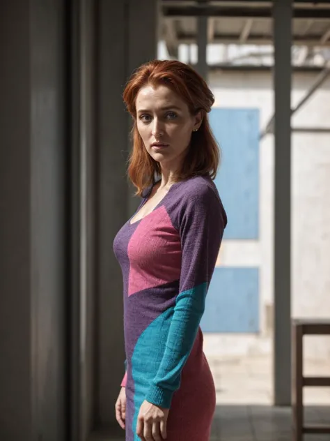 arafed woman in a colorful dress standing in a room