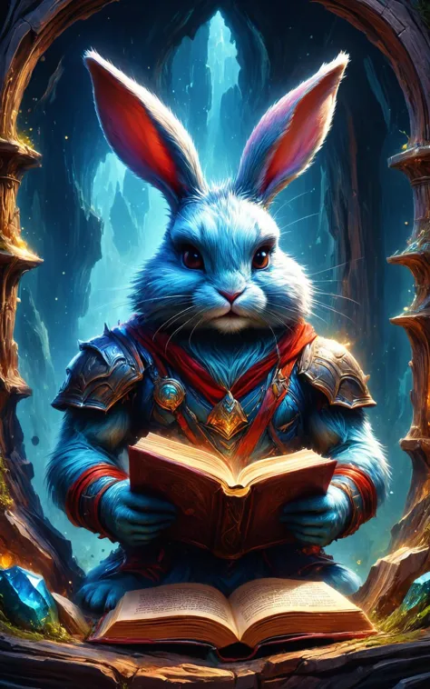 RAW photo of an anthro Rabbit (Reading a book, absorbed in intellect) at aEnchanted mine with gemstone guardians,  super detail,...