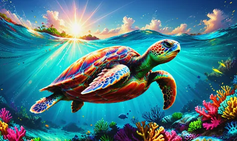 Fotorrealista, Ilustración digital detallada de una elegante tortuga marina navegando sin esfuerzo en una vibrante isla de coral con aguas poco profundas Lens Flare, 