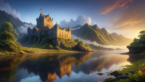 [A Scottish castle on the edge of a loch, where misty waters reflect the imposing medieval structure:A bustling underwater marketplace with creatures adorned in vibrant, shimmering scales, trading exotic seaweeds, pearls, and intricate coral artifacts:0.5],  lighting,  