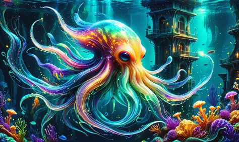 photorealistic, detailed digital illustration of a Luminescent squid with transparent, glowing body at a Underwater city with mermaid architecture <lora:xl_more_art-full_v1:0.4>, <lora:Rainbow_Style:0.6>, Flickering light, <lora:ral-czmcrnbw:0.7>