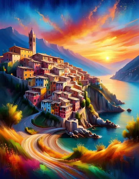 un paysage onirique peint, lever de soleil sur une ville italienne endormie 