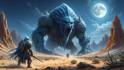 a painting of a giant monster with two men walking in the desert