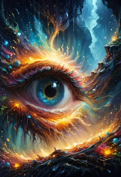 a close up of an eye with a fire and flames around it