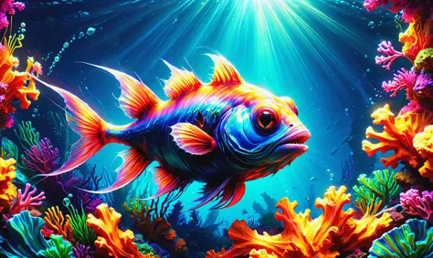 真实感, 详细数码插图：潜伏在色彩斑斓的珊瑚墙阴影中的剃齿鮟鱇鱼，延伸至深处，阳光照射, DonMSp3ctr4lXL