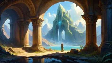 Las ruinas de una civilización alienígena, Ruinas enigmáticas que insinúan civilizaciones antiguas al fondo,, retroiluminación, elegant,, enfoque nítido muy detallado, pintura digital, Arte conceptual, ilustración, mate, arte de WLOP y Artgerm y Greg Rutkowski y Alphonse Mucha, obra maestra 