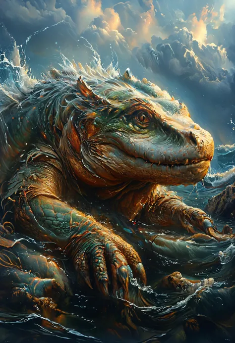 painting of a large alligator in the ocean with waves