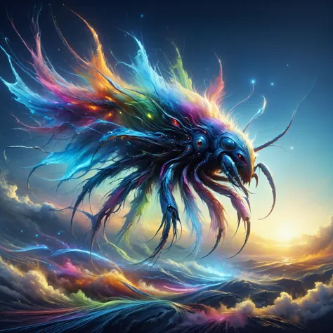 tempêtemagie imposante monstruosité insectoïde, Des plaines aux couleurs de l&#39;arc-en-ciel s&#39;étendant à l&#39;infini, élégant,, Clair de lune,, netteté, embrasé, sous-reddit scientifique, illustrations de Greg Rutkowski et Alphonse Mucha