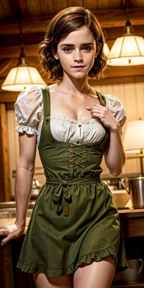 arafed woman in a green dress posing in a kitchen