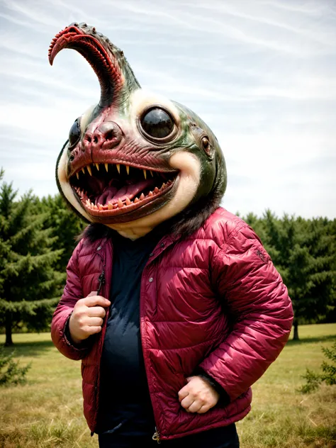 araffe mask with a man in a red jacket and a black shirt