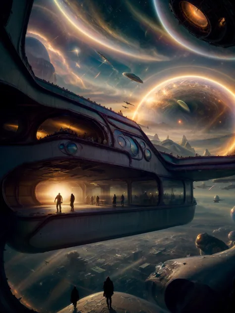 a futuristic spaceship with people walking around it in the sky