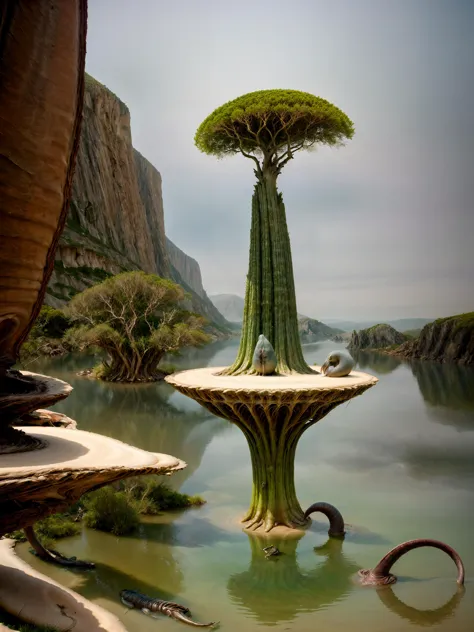 arafed tree in the middle of a body of water with a snake in it