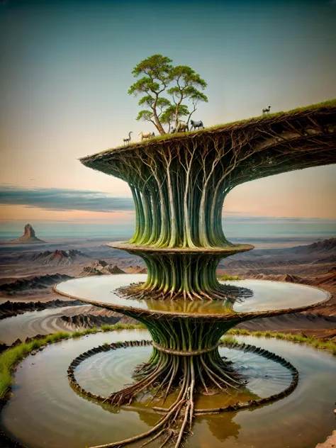 a close up of a tree on a rock with water