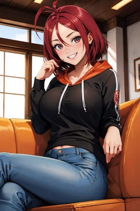 masterpiece, best quality, <lora:alkaid-nvwls-v1-000010:0.9> alkaid, antenna hair, black hoodie, jeans, sitting, large breasts, ...