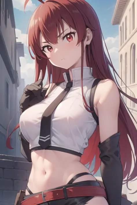 erisgreyrat, <lora:eristest:1>, 
eris greyrat, ahoge, hair between eyes, long hair, (red eyes:1.5), red hair, sidelocks, (large breast:1.2),
BREAK bare arms, bare shoulders, belt, black footwear, black gloves, black shorts, black thighhighs, boots, crop top, fingerless gloves, gloves, midriff, navel, shirt, short shorts, shorts, sleeveless, sleeveless shirt, stomach, thigh boots, thighhighs, white shirt, wing collar
BREAK looking at viewer,
BREAK outdoors, city,
BREAK <lora:GoodHands-vanilla:1>, (masterpiece:1.2), best quality, high resolution, unity 8k wallpaper, (illustration:0.8), (beautiful detailed eyes:1.6), extremely detailed face, perfect lighting, extremely detailed CG, (perfect hands, perfect anatomy),