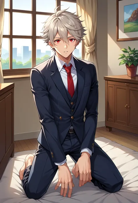 anime boy in a suit sitting on a bed in a room