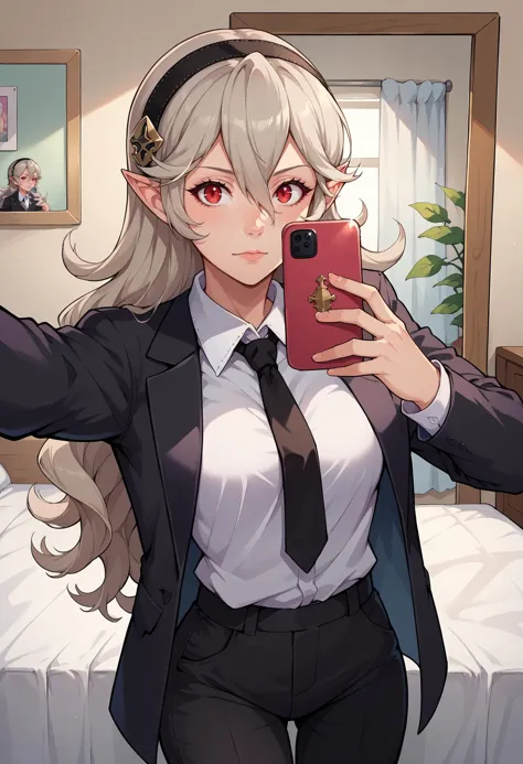 score_9, score_8_up,score_7_up, source_anime, 1girl, solo, <lora:EPfeCorrinPony_epoch_7:1>, EPfeCorrin, grey hair, red eyes, long hair, hair ornament, hair between eyes, pointy ears,  business suit, black pants, white collared shirt, black suit, black jacket, black necktie, selfie, taking picture, mirror selfie, bedroom, bed, mirror,