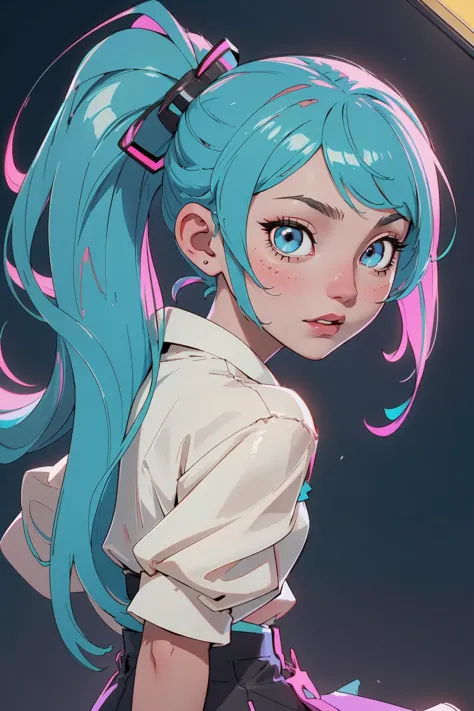 1girl, (masterpice), (high resolution), (8K), (extremely detailed), (4k), (CG), (perfect face), (nice eyes and face), (best quality), (super detailed), (detailed face and eyes), (solo), hatsune miku, scenary: stage, neon lights, lcd lights, dancing, dancing stance, (vocaloid)