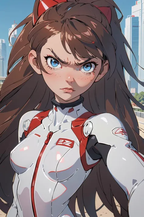 1girl, (masterpice), (high resolution), (8K), (extremely detailed), (4k), (pixiv), (perfect face), (best quality), (nice face and eyes), (super detailed), (solo),    <lora:Asuka:0.8>, asuka, white_bodysuit, red_bodysuit, mecha, skyline, outdoors, (angry:1....