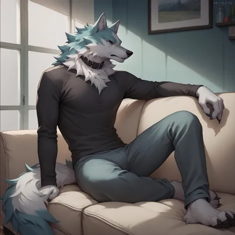 anime - style photo of a man sitting on a couch with a wolf mask on