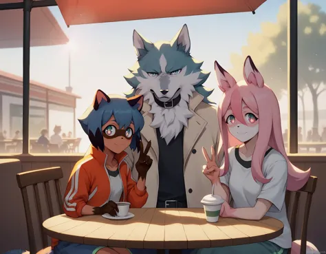 three anime characters sitting at a table with a cup of coffee