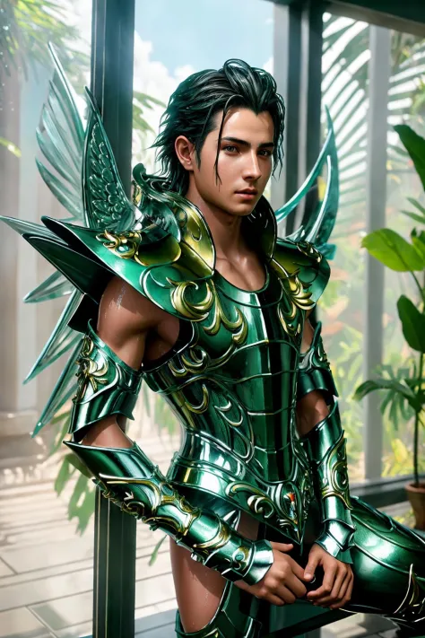 masterpiece of photorealism, photorealistic highly detailed 8k photography, best hyperrealistic quality, volumetric lighting and shadows, young man in saint_cloth divine_armor, wet-look hairstyle chocolate, Tropical Rainforests, Stunning Aerial Spiral Descent