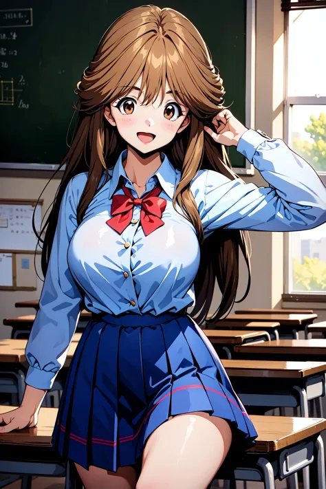 anime girl in school uniform posing in front of a desk