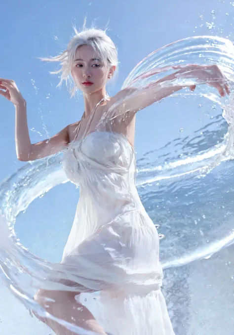 <lora:xl0918ice-water:0.7>,water,1girl,(water ring:1.25),High quality,masterpiece,A beautiful woman is surrounded by a water ring,Water splashes,wallpaper,(translucent white gauze dress:1.1),white hair,bikini,ponytail,walking,splashing water,fantasy,medium breasts,cleavage,slender,real-life realistic photo texture,a beautiful chinese woman,multiple water ring winding,dynamic perspective,spiral,around,greco-roman architectur,halter_dress,