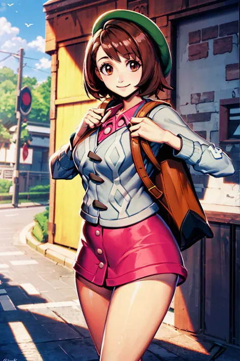 <lora:Genzoman_Style_Dim64:0.7>, , ((masterpiece,best quality)), absurdres,  <lora:gloria_(pokemon)_v1:0.7>,  gloria \(pokemon\), brown hair, solo, backpack, brown eyes, tam o' shanter, grey cardigan, pink dress, short hair, green socks, socks, brown bag, bob cut, bangs, long sleeves, collared dress,  solo, smiling, looking at viewer, cowboy shot,  ,