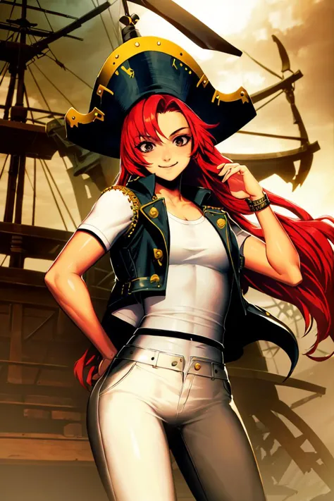 a woman with red hair and a pirate hat standing in front of a ship