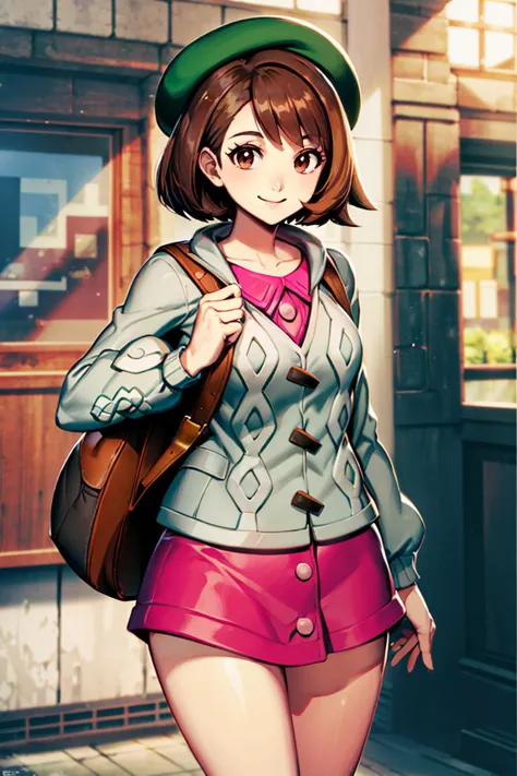 <lora:Genzoman_Style_Dim64:0.6>, , ((masterpiece,best quality)), absurdres,  <lora:gloria_(pokemon)_v1:0.7>,  gloria \(pokemon\), brown hair, solo, backpack, brown eyes, tam o' shanter, grey cardigan, pink dress, short hair, green socks, socks, brown bag, bob cut, bangs, long sleeves, collared dress,  solo, smiling, looking at viewer, cowboy shot,  ,