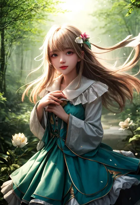 girl in a forest with floating flowers, river, puffy, puffy cheeks, cute,
vibrant colors, colorful art style,
soft lighting, sof...