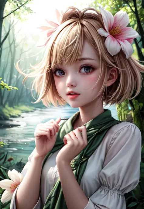 girl in a forest with floating flowers, river, puffy, puffy cheeks, cute,
vibrant colors, colorful art style, 
soft lighting, so...