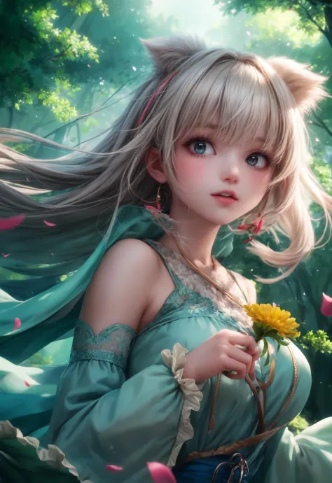 girl in a forest with floating flowers, river, puffy, puffy cheeks, cute,
vibrant colors, colorful art style, 
soft lighting, so...