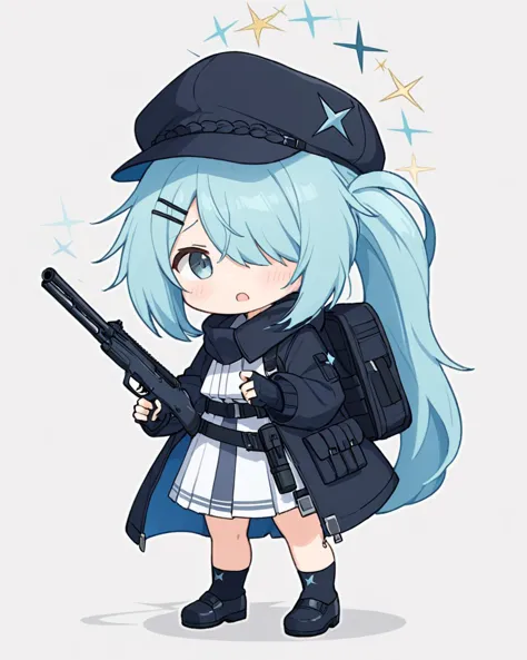 hiyori \(blue archive\),1girl, solo, white_skirt, cabbie_hat, hair_over_one_eye, full_body, black_headwear, sweat, chibi, holdin...