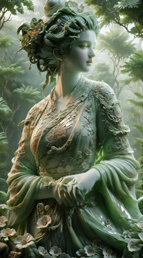 a close up of a statue of a woman in a forest