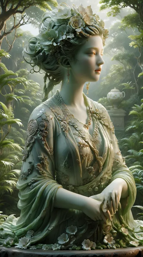 ral-porcelain,<lora:ral-porcelain:1>,jade,jade sculpture,<lora:jade:0.7>,
breathtaking detailed soft painting of the edge of the forest with ringing flowers od dream,a girl with a lip of mandarine with crossed knees in a light deluge,shadowed nudity through rainbow,flora and sea,rembrandt style,elegant,highly detailed,artstation,concept art,matte,sharp focus,art by tom bagshaw,luis royo and greg rutkowski,